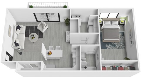 A 3D floor plan of a house with a kitchen, living room, and bedrooms.